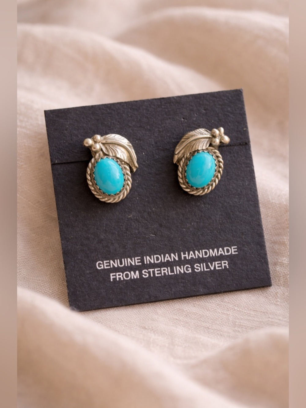 VINTAGE Navajo Sterling Silver GENUINE Turquoise Feather Earrings